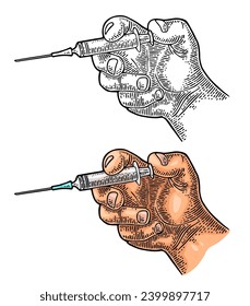 La mano se inyecta con una jeringa. Grabando el color vectorial vintage y la ilustración negra aislada en blanco.