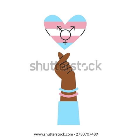 Hand makes korean heart symbol in  trans flag colors. Transgender and genderqueer rights, visibility and awareness concept. Inclusion and diversity.