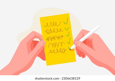 Hand makes a to-do list on yellow paper. Reminder sticker. Modern flat style. Isolated on white background. Vector illustration