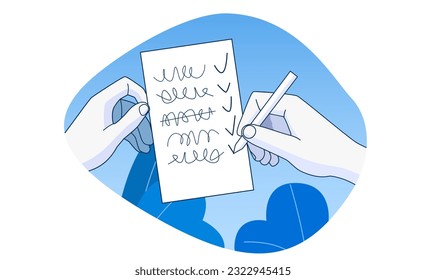 Hand makes a to-do list on paper. Reminder sticker. Modern flat style. Isolated on white background. Vector illustration