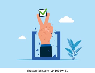 Hand makes a two fingers up greeting gesture. Rock gesture, victory sign. Flat vector illustration