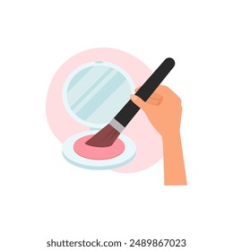 Hand with makeup brush taking compact blush from round package vector illustration