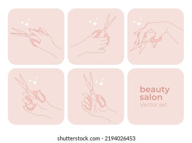 Mano de maquillaje Hairdresser sujetando tijeras para cortar el cabello.salon Icono Icono ilustración de moda vectorial.