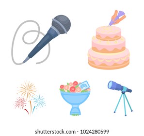 Hand making a cake with cream, a microphone with a cord, a bouquet of roses with a greeting card, a festive salute. Event services set collection icons in cartoon style vector symbol stock