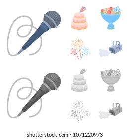 Hand making a cake with cream, a microphone with a cord, a bouquet of roses with a greeting card, a festive salute. Event services set collection icons in cartoon,monochrome style vector symbol stock