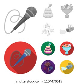 Hand making a cake with cream, a microphone with a cord, a bouquet of roses with a greeting card, a festive salute. Event services set collection icons in monochrome,flat style vector symbol stock