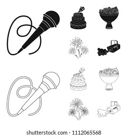 Hand making a cake with cream, a microphone with a cord, a bouquet of roses with a greeting card, a festive salute. Event services set collection icons in black,outline style vector symbol stock