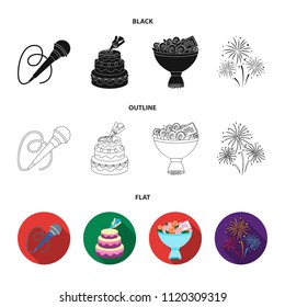 Hand making a cake with cream, a microphone with a cord, a bouquet of roses with a greeting card, a festive salute. Event services set collection icons in black,flat,outline style vector symbol stock
