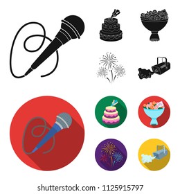 Hand making a cake with cream, a microphone with a cord, a bouquet of roses with a greeting card, a festive salute. Event services set collection icons in black, flat style vector symbol stock
