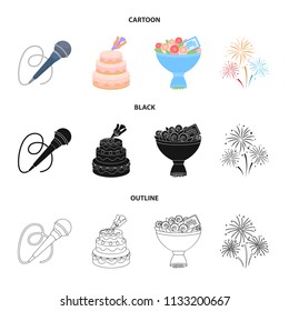 Hand making a cake with cream, a microphone with a cord, a bouquet of roses with a greeting card, a festive salute. Event services set collection icons in cartoon,black,outline style vector symbol