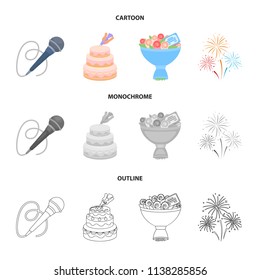 Hand making a cake with cream, a microphone with a cord, a bouquet of roses with a greeting card, a festive salute. Event services set collection icons in cartoon,outline,monochrome style vector