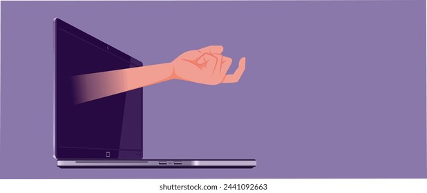 
Hand Making a Calling gesture through Laptop Screen Vector Illustration. Scammer luring in with romantic proposals and catfishing 
