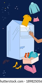 Hand is making Clothes donation in special container.Charity box concept.Swapping,exchanging garment.Doodle style elements.Contribution in Eco lifestyle,recycling.Giving your wardrobe second chance