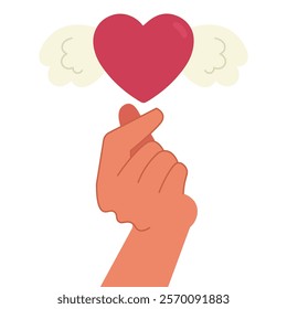 Hand making a gesture with a red heart with wings, minimal design in cute vector style for Valentine's Day, romance, affection and love concepts, isolated icon on white background