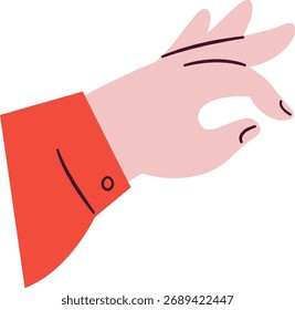 A hand making a gesture with a red sleeve in a flat style. Fingers are positioned delicately in a cartoon manner. Cartoon vector illustration.