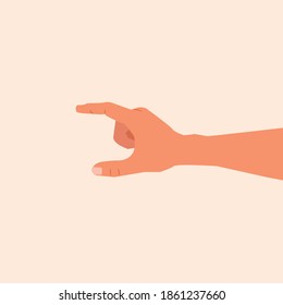 Hand making gesture while showing small amount of something isolated. Side view, close-up, hand holding something like a smartphone or bottle. hand measuring invisible items vector illustration