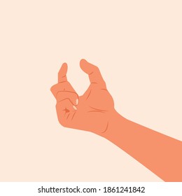 Hand making gesture while showing small amount of something isolated. side view, close-up, hand showing or holding something. hand measuring invisible items modern vector illustration. flat design