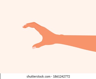 Hand making gesture while showing small amount of something isolated. Side view, close-up, hand holding something like a smartphone or bottle. hand measuring invisible items vector illustration