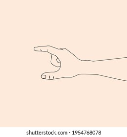 Hand making gesture while showing small amount of something line hand drawing. hand holding something like a smartphone or bottle line icon. hand measuring invisible items outline illustration