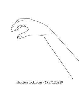 Hand making gesture while showing small amount of something line hand drawing. side view, close-up, hand showing or holding something. hand measuring invisible items modern outline illustration