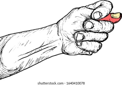 A hand making the hand-sign with the thumb wedged between fingers gesture for the fig sign indicating displeasure. Hand drawn vector illustration.