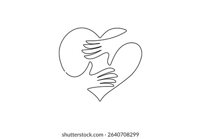 Hand Making A Heart Continuous one line drawing of two hands forming a heart shape, minimalist love and unity symbol  Illustration. Love, Romance.