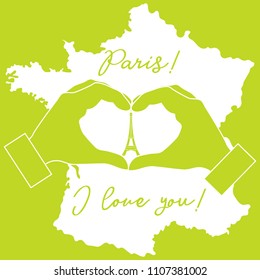 Hand making a heart shape. Tower, symbol of Paris. The inscription Paris I love you. Travel and leisure.