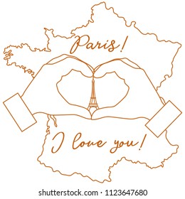 Hand making a heart shape. Tower, symbol of Paris. The inscription Paris I love you. Travel and leisure.
