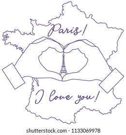 Hand making a heart shape. Tower, symbol of Paris. The inscription Paris I love you. Travel and leisure.