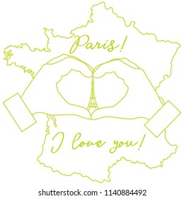 Hand making a heart shape. Tower, symbol of Paris. The inscription Paris I love you. Travel and leisure.