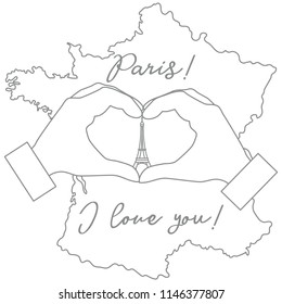 Hand making a heart shape. Tower, symbol of Paris. The inscription Paris I love you. Travel and leisure.