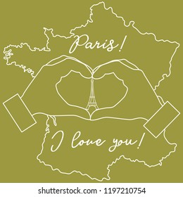Hand making a heart shape. Tower, symbol of Paris. The inscription Paris I love you. Travel and leisure.
