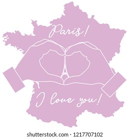 Hand making a heart shape. Tower, symbol of Paris. The inscription Paris I love you. Travel and leisure.