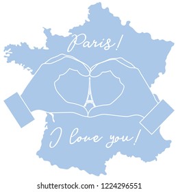 Hand making a heart shape. Tower, symbol of Paris. The inscription Paris I love you. Travel and leisure.