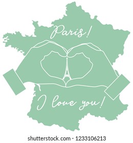 Hand making a heart shape. Tower, symbol of Paris. The inscription Paris I love you. Travel and leisure.
