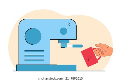 Hand making hot drink with coffee machine. Person holding mug with espresso, latte flat vector illustration. Coffee break, breakfast time concept for banner, website design or landing web page