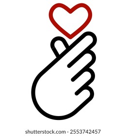 Hand making Korean finger heart symbol with small red heart. Love, affection, K-pop, cute, trendy icon.