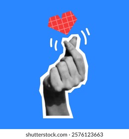 Hand making Korean finger heart gesture halftone collage vector illustration. Love and romance expressing in body language on vibrant blue backdrop