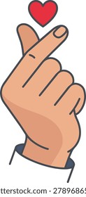 A hand making the Korean finger heart gesture, with a small red heart floating above the fingertips.