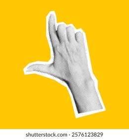 Hand making Loser sign with thumb and index finger halftone collage vector illustration. Forming L shape gesture on bright yellow background