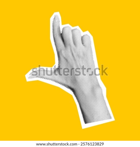 Hand making Loser sign with thumb and index finger halftone collage vector illustration. Forming L shape gesture on bright yellow background