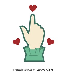 A hand making a love gesture with hearts floating around it, conveying affection and care