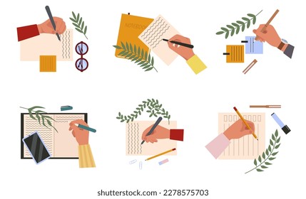 Hand making note. Cartoon hands holding pens and pencils flat vector symbols illustrations set. Person writing or painting. Diary plan. Paper document.