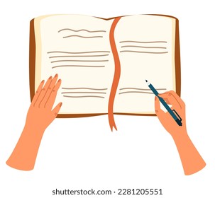 Hand making note. The concept of reading a book, writing in a notebook, teaching, studying, filling out a diary. Cartoon Vector Illustration