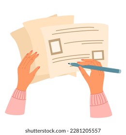 Hand making note. Female Hands holding pen or pencil, making notes or goals in a notebook, filling out a diary or planner, makes schedule, timetable. Top View. Vector Cartoon illustration