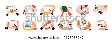 Hand making note. Person writing or painting. Diary plan. Paper document. Paintbrush and palette. Office desk top view. Business form. Man or woman holding pen. Vector illustration set