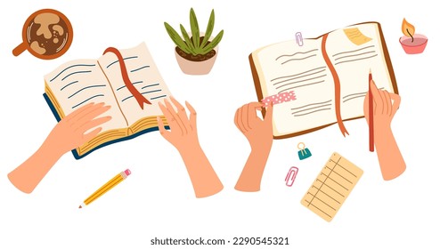 Hand making note. Reading a book, writing plans on sticky memo notes, making schedule in paper planner, notebook. Hands with pen and personal timetable, reminders in organizer. Office Concept. Vector