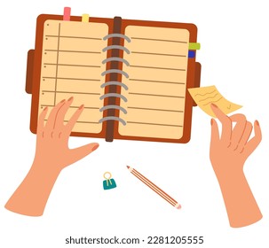 Hand making note. Writing plans on sticky memo notes, making schedule in paper planner, notebook. Hands with pen and personal timetable, reminders in organizer. Office Or Creative Concept. Vector