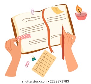Hand making note. Writing plans on sticky memo notes, making schedule in paper planner, notebook. Hands with pen and personal timetable, reminders in organizer. Office Or Creative Concept. Vector