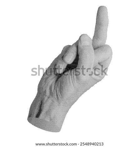 Hand making an offensive middle finger gesture, isolated in retro halftone dot style. Nostalgic 1990s inspired symbol of aggression or insult. Vintage grunge texture in monochrome